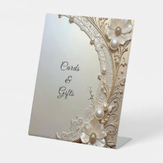 Expositor En L Modern White Flowers Pearls Tabletop Signs