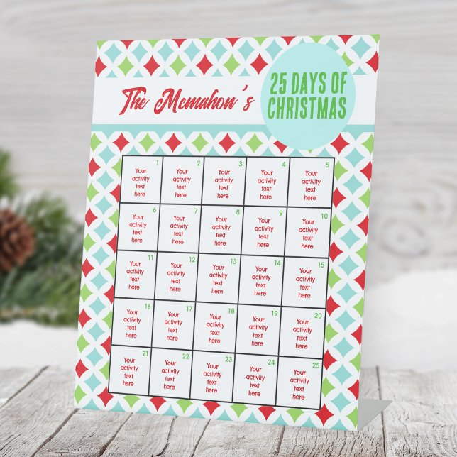 Expositor En L Moderna actividad de 25 días de Navidades controla (25 Days of Christmas Holiday Activity Pedestal Sign. Sweet Checkered Diamond Pattern Design)