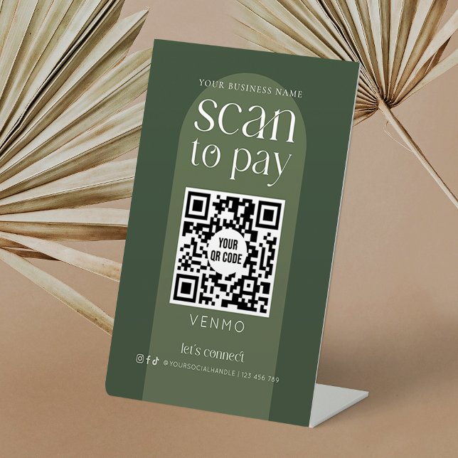 Expositor En L Moderno Boho Sage Green Scan Para Pagar QR Code Sh (Scan to pay boho style sage green pedestal sign with one QR code)