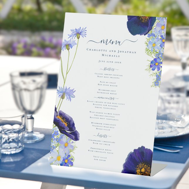 Expositor En L Moderno menú Boda azul de flores silvestres (Modern blue summer floral wedding reception menu with elegant typography & watercolor wildflowers )