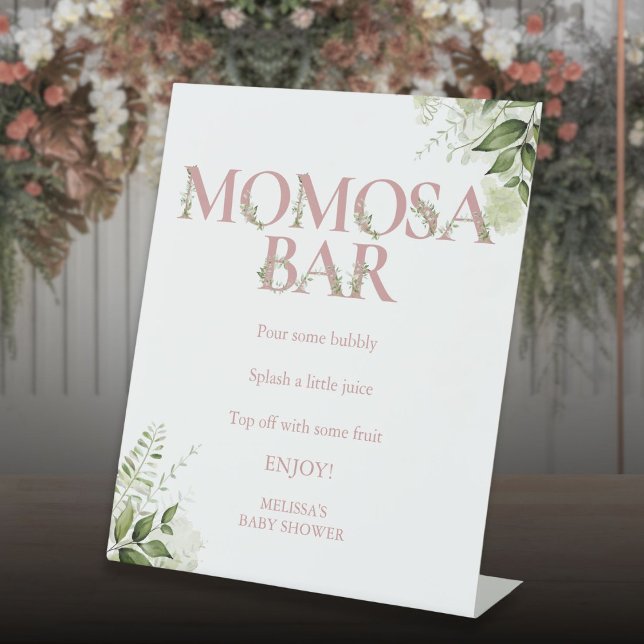 Expositor En L Momosa Bar Greenery Dusty Rosa Baby Shower rosa (Momosa Bar Greenery Dusty Rose Pink Baby Shower Pedestal Sign)