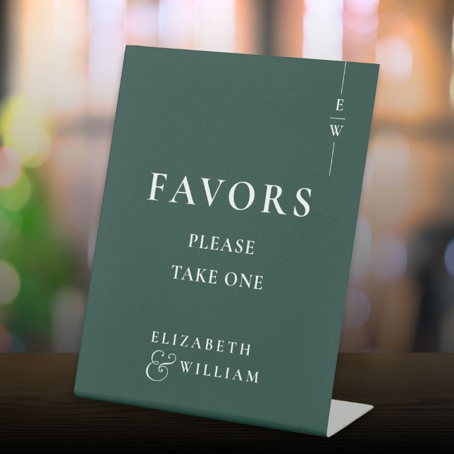 Expositor En L Monograma moderno verde esmeralda favorece al Boda (Emerald Green Modern Monogram Favors Wedding Pedestal Sign)