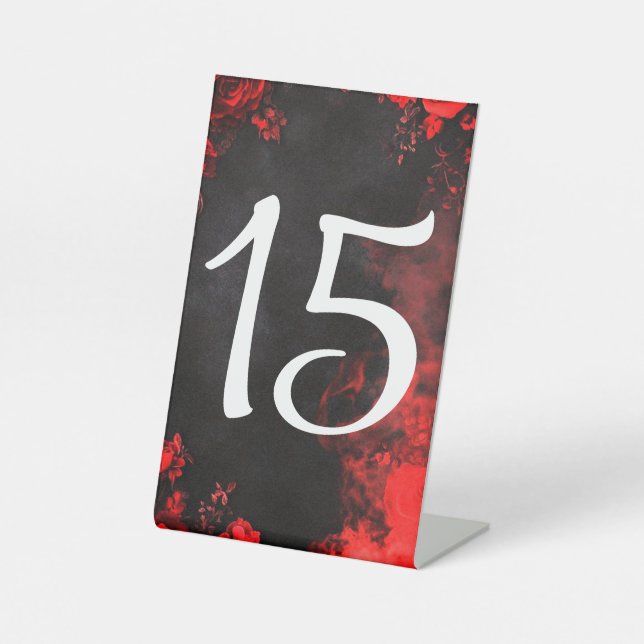 Expositor En L Moody Dark Red Rose Wedding Table Number (Anverso)