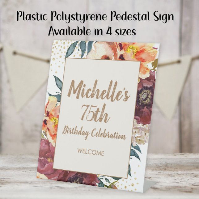 Expositor En L Naranja Borgoña Floral Gold Purpurina 75 cumpleaño (10"x12" plastic polystyrene pedestal sign for a 75th birthday)
