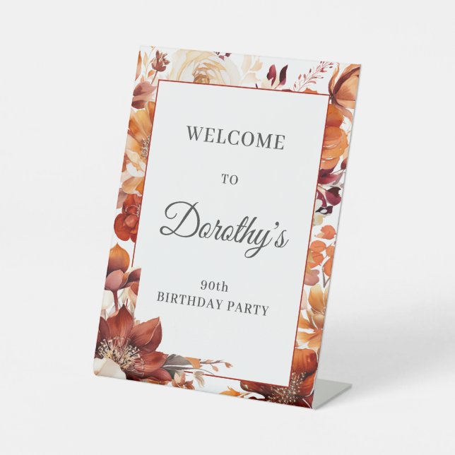 Expositor En L Naranja de Terracotta Cae Flores 90 cumpleaños (Anverso)