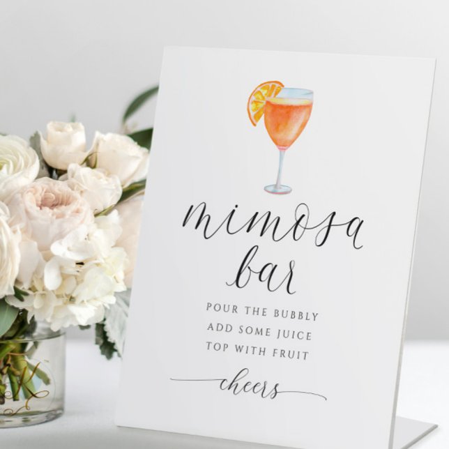 Expositor En L Naranja Mimosa Bar Bridal Shower Rótulo acuarela (Mimosa Bar Bridal Shower Sign - Modern Elegant Romantic Fun Swirly Script with Orange Mimosa)