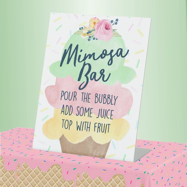 Expositor En L Narrativa de hielo Mimosa o Baby Shower (Mimosa Bar Watercolor Ice Cream Bridal or Baby Shower Pedestal Table Sign)