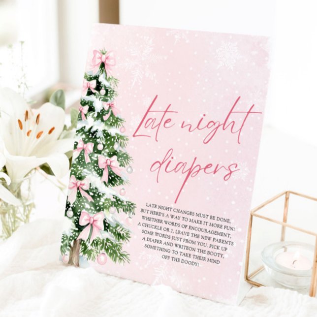 Expositor En L Navidades de Bow Rosado Baby Shower Diapers noctur (Pink Bows Christmas Baby Shower Late Night Diapers Game Sign)