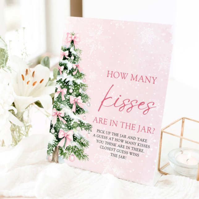 Expositor En L Navidades de Bows adivinan cuántos besos Baby Show (Pink Bows Christmas Guess How Many Kisses Baby Shower Pedestal Sign)