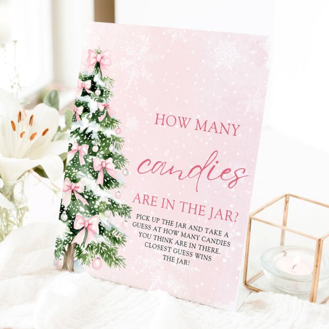 Expositor En L Navidades de Bows adivinan cuántos Candies Baby Sh (Pink Bows Christmas Guess How Many Candies Baby Shower Sign)
