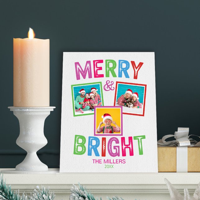 Expositor En L Navidades fotográficos de Merry y Bright (Merry and Bright Photo Collage Colorful Home Pedestal Free-standing Sign)