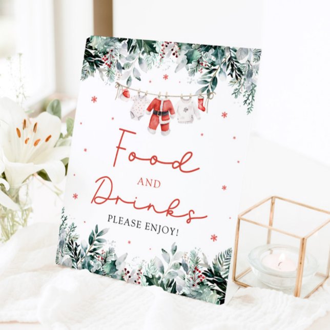 Expositor En L Navidades rojos Santa Baby Shower Comida y bebidas (Watercolor Red Christmas Santa Baby Shower Food and Drinks Pedestal Sign)