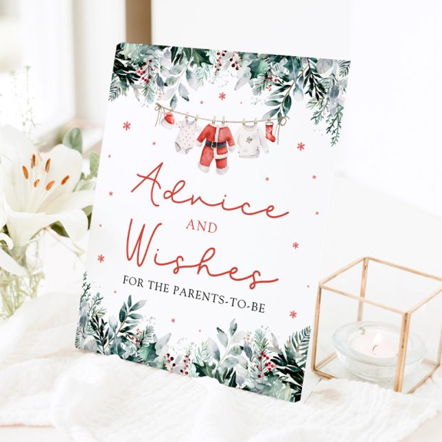 Expositor En L Navidades rojos Santa Baby Shower Consejos y deseo (Watercolor Cute Red Christmas Santa Baby Shower Advice and Wishes Sign)