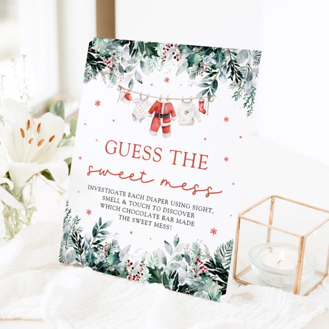 Expositor En L Navidades Santa Baby Shower adivinan el dulce desf (Watercolor Christmas Santa Baby Shower Guess the Sweet Mess Pedestal Sign)