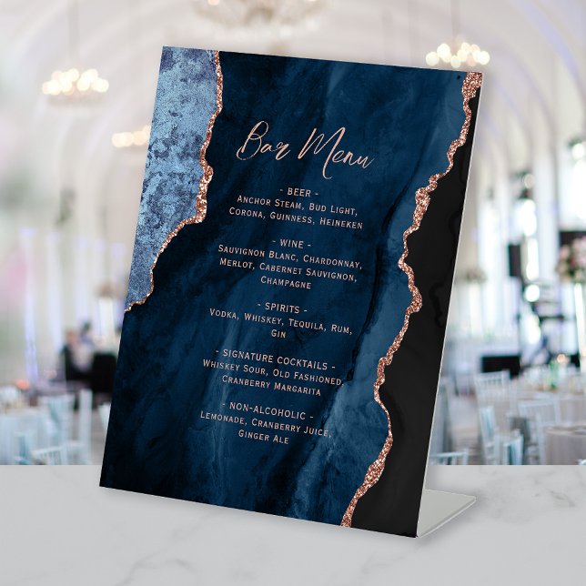 Expositor En L Navy Blue Rose Gold Agate Wedding Bar Menu (Subido por el creador)