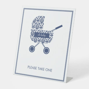Expositor En L Navy Damask Pram Por Favor Toma Un Baby Shower