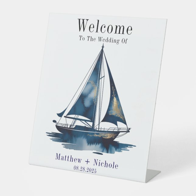 Expositor En L Navy Gold Nautical Boat Gold Wedding Welcome Sign (Anverso)