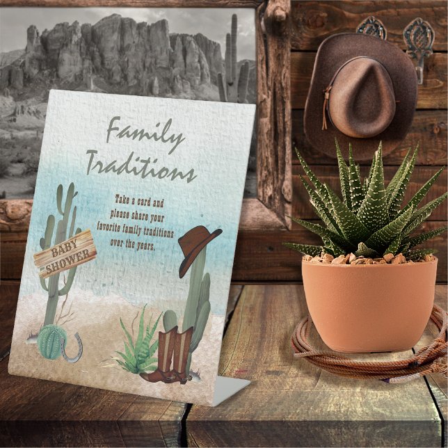 Expositor En L Niñito Vaquero Oeste Ducha Tradiciones familiares (Rustic Western Boy Baby Shower Family Traditions Pedestal Sign -- "A Little Cowboy Is On His Way" )