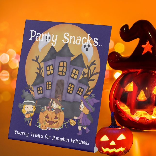 Expositor En L Niños Calabaza Testigos de la fiesta de Halloween (Pumpkin Witches Halloween Party Table Top Snack Sign)