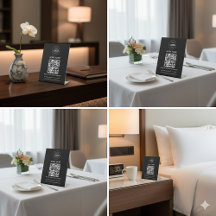 Nombre del hotel Logotipo y código QR Detalles de