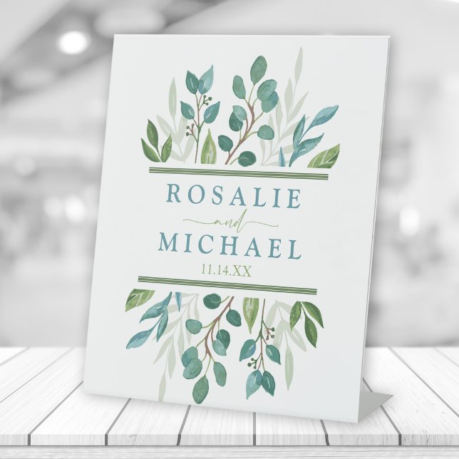 Expositor En L Nombre personalizado de la vegetación botánica (Botanical Greenery Freestanding Custom Wedding Tabletop Sign)