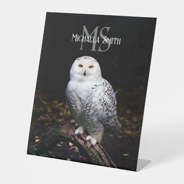 Expositor En L Nombre personalizado del monograma de búho de niev (Anverso)