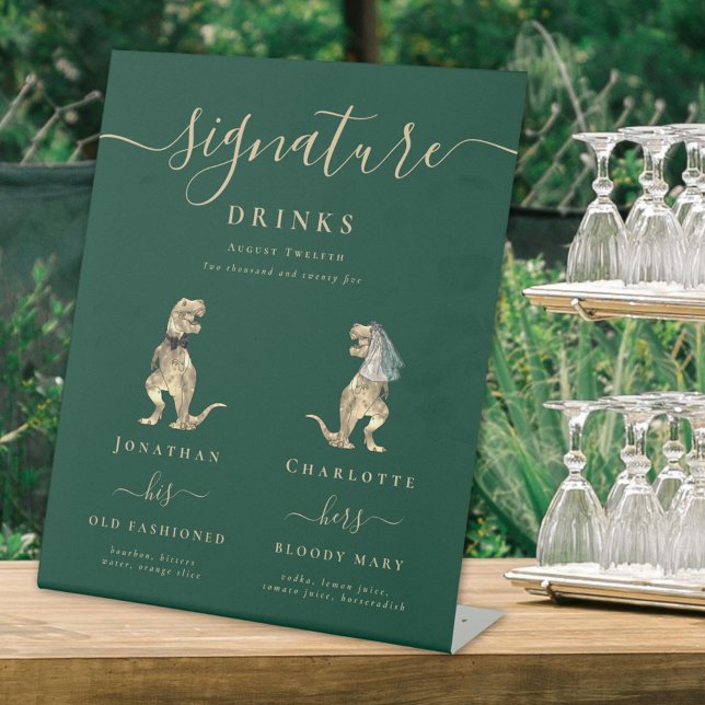 Expositor En L Novia de dinosaurio y bebidas con Boda Groom (Dinosaur theme wedding dark green elegant script signature drinks bar sign T-Rex bride & groom)