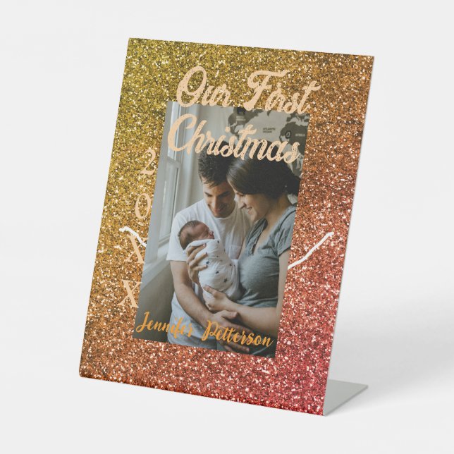 Expositor En L Nuestro primer año de foto purpurina rojo naranja  (Anverso)