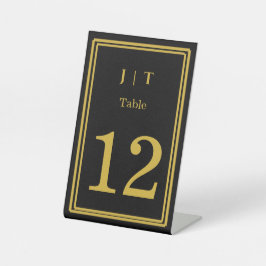 Expositor En L Número de mesa de boda con monograma negro y dorad