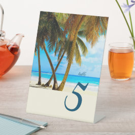 Expositor En L Número de mesa de boda en la playa, palmeras y océ