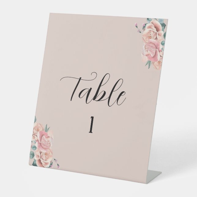 Expositor En L Número de mesa de boda rosa con rosas (Anverso)