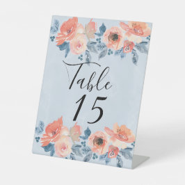 Expositor En L Número de tabla del Boda floral azul turbio y cora