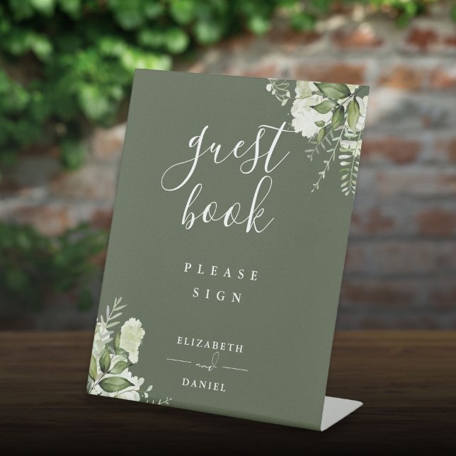 Expositor En L Olive Green Elegant Floral Greeneration Guest Book (Olive Green Elegant Floral Greenery Guest Book Pedestal Sign)