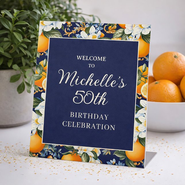 Expositor En L Oranges White Flowers Navy Blue Birthday Welcome (Oranges on navy blue birthday party welcome sign)