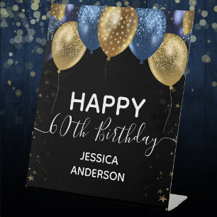 Expositor En L Oro Azul Feliz 60 cumpleaños Rótulo Pedestal
