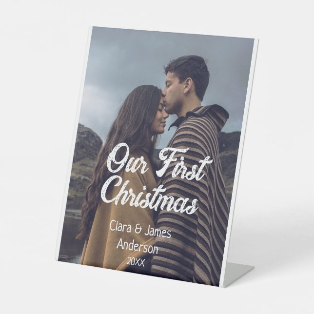 Expositor En L Our first Christmas couple photo name white gray (Anverso)