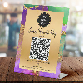 Expositor En L Paga Aquí Código QR Logo Oro Púrpura Verde Ágata