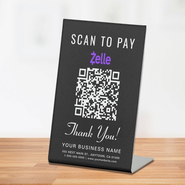 Expositor En L Paga con Zelle escaneando código QR negro (A QR code sign to effortlessly connect your customers to your payment platform)