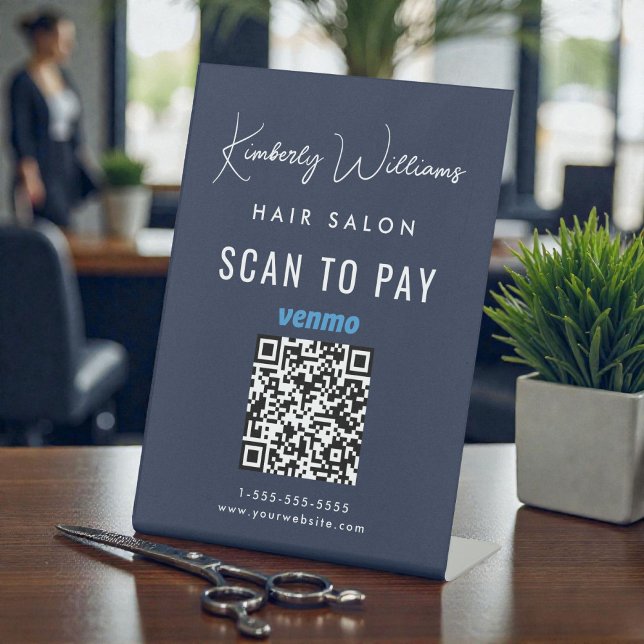 Expositor En L Pagar con Venmo escaneando código QR de negocio az (Scan To Pay Venmo QR Code Business Blue Pedestal Sign)