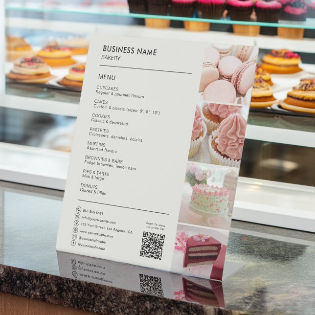 Expositor En L Panadería Pastel de tartas Menú de negocios (Bakery Cupcake Cake Shop Menu Business Pedestal Sign by MINTIC DESIGN STUDIO)