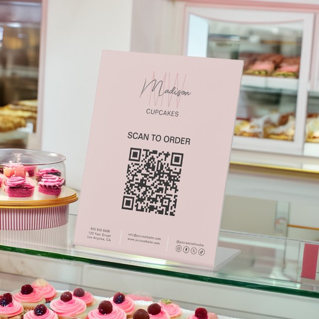 Expositor En L Panadería QR Orden de escaneo Monograma Negocio (Bakery QR Scan Order Monogram Logo Business Pedestal Sign)