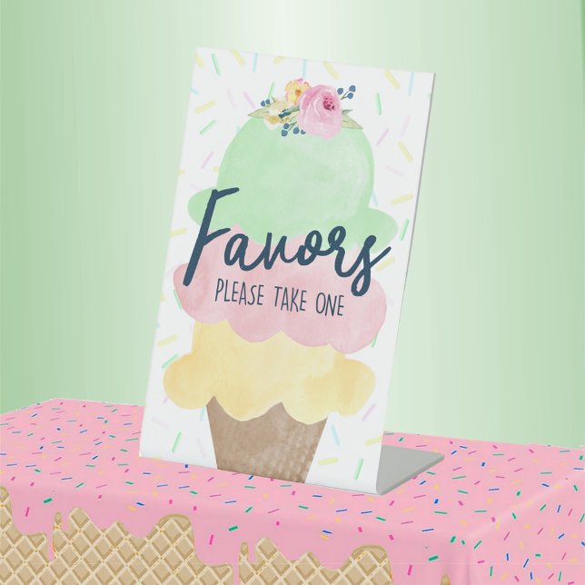 Expositor En L Partido del Crema de Hielo Favorece el Rótulo Peat (Watercolor Ice Cream Bridal Shower Pedestal Party Favor  Table Sign)