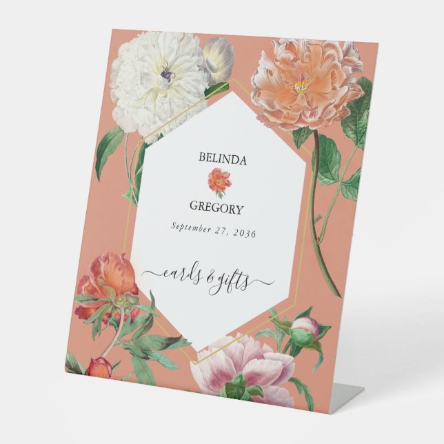 Expositor En L Peach Pink Peonies Flores Tarjetas de matrimonio R (Anverso)