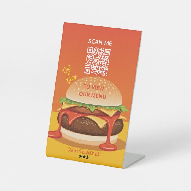 Expositor En L Pedestal Sign – Burger QR Menu Display (Anverso)