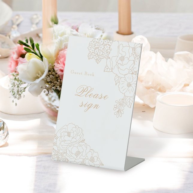 Expositor En L Peonías blancas de boda romántica firma (Romantic Wedding Peonies Ivory White Signature Wedding Sign.)