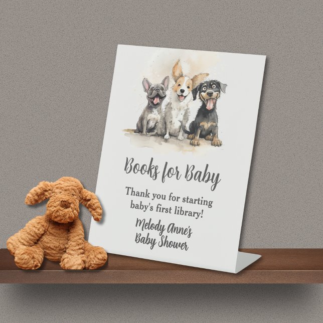 Expositor En L Perro picante cuela libros de Baby Shower bebé (Puppy Dog Tails Books For Baby Table Top Sign with Trio of Cute Watercolor Puppies, Mom's Name.)