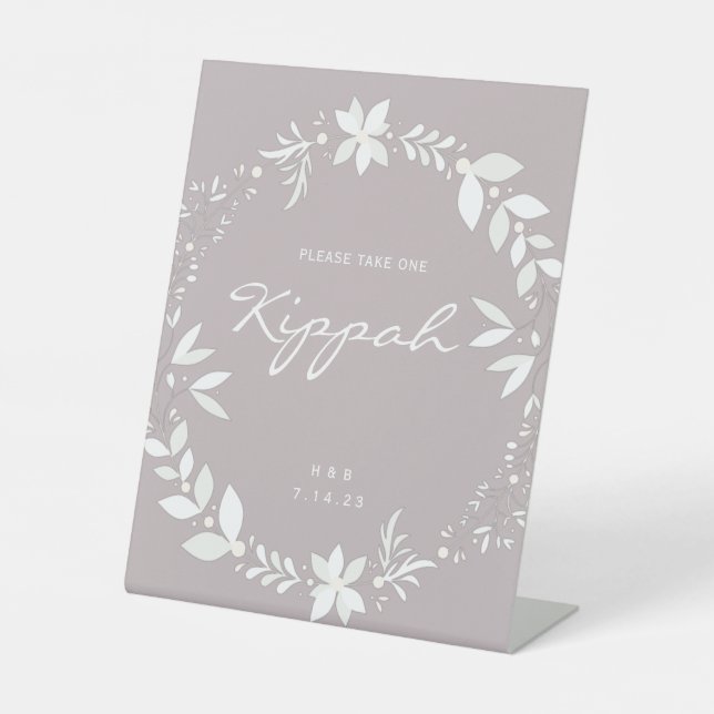 Expositor En L Personalizable Kippah Boda Rótulo, Blanco y Morado (Anverso)