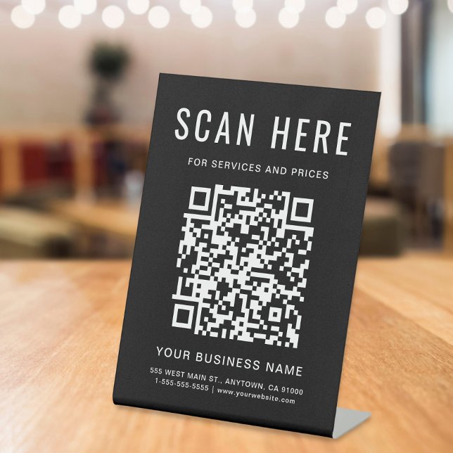 Expositor En L Pestaña negra de código QR de negocio (A QR code sign to effortlessly connect your customers to your online platforms)