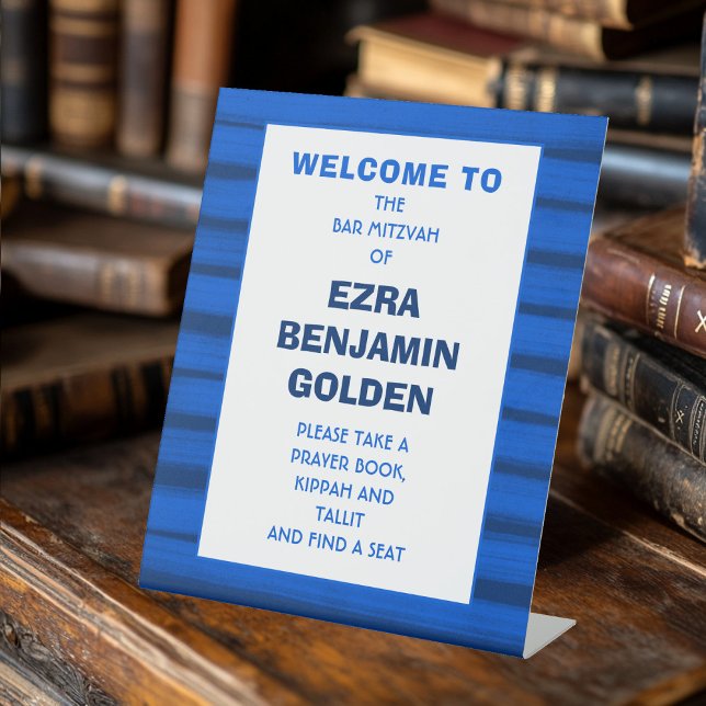 Expositor En L Pinceles Stripes Bar Azul Bat Mitzvah PERSONALIZAD (Brushstrokes Stripes Blue Bar Bat Mitzvah CUSTOM Pedestal Sign
)