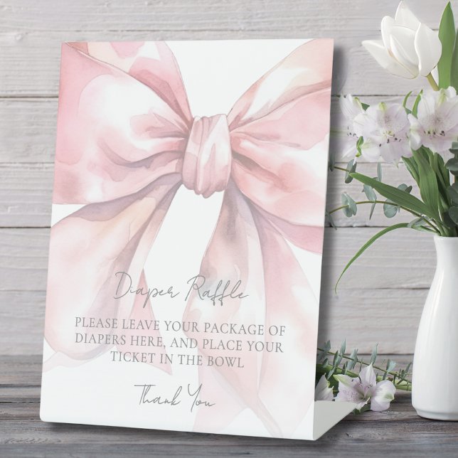 Expositor En L Pink Bow Baby Shower Diaper Raffle (Diaper Raffle Enclosure Card Pink Bow Baby Shower Pedestal Sign)